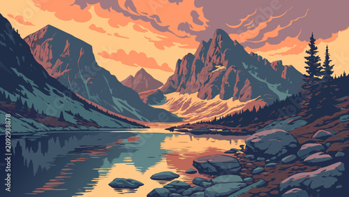 Fotografie Colorful vector illustration of a peaceful mountain landscape featuring a serene