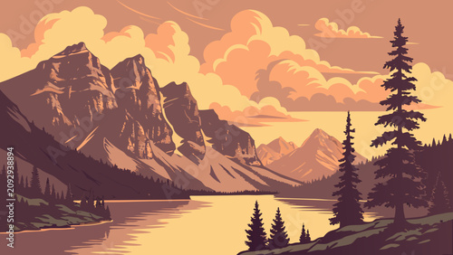 Fotografía Stylized vector illustration of majestic mountain peaks reflecting over a calm l