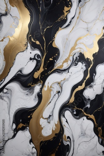 Abstract marbled artwork with swirling black, white, and gold patterns, blending fluid organic shapes and metallic highlights to create depth, luxury, and dynamic motion.