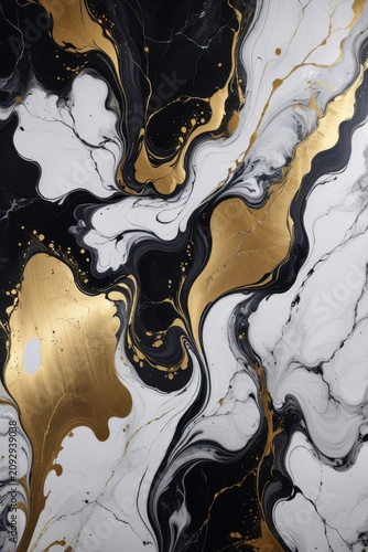 Abstract fluid artwork with swirling black, white, gray, and metallic gold marbling, blending organic shapes and textures to evoke elegance, depth, and dynamic motion.