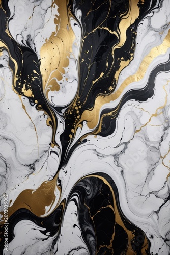 Fluid abstract art with swirling black, white, and gold marbling, accented by metallic sheen and organic wave‑like forms, evoking motion, depth, and elegance.