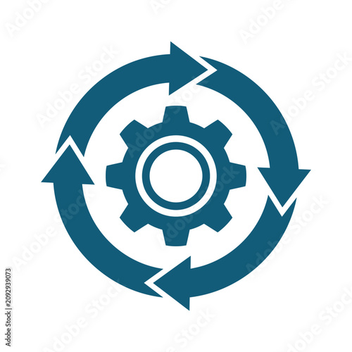 A blue gear icon is surrounded by a circular arrow symbol