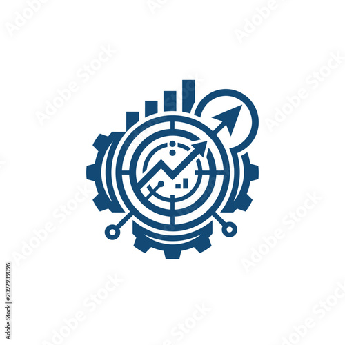 A blue gear icon representing business growth and data analysis