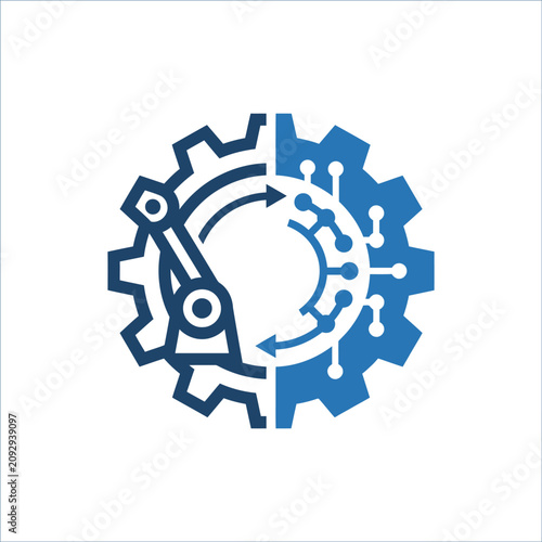 A blue gear icon representing industrial automation and digital tech