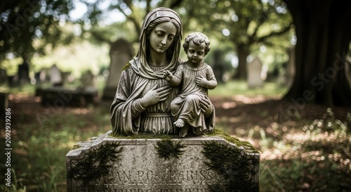 Stone statue of mother and child in cemetery.