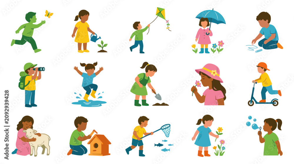 Fototapeta premium Flat Vector Illustration of Kids Spring and Outdoor Activities. Children Playing, Learning, and Exploring Nature