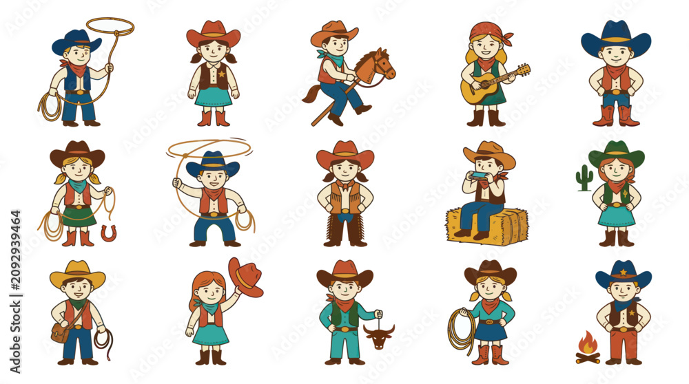 Fototapeta premium Cute Flat Cartoon Western Cowboy and Cowgirl Characters Vector Illustration Set