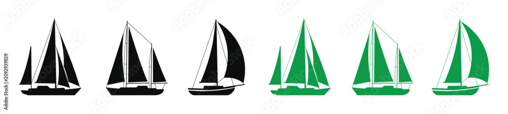 Fototapeta premium Sailboat Silhouette Icon Set – Sailing Yacht, Sailboat And Marine Boat Vector Collection