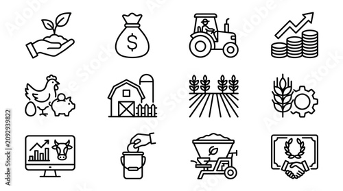 Agriculture Icons: Farming, Finance, Technology, and Growth Concepts