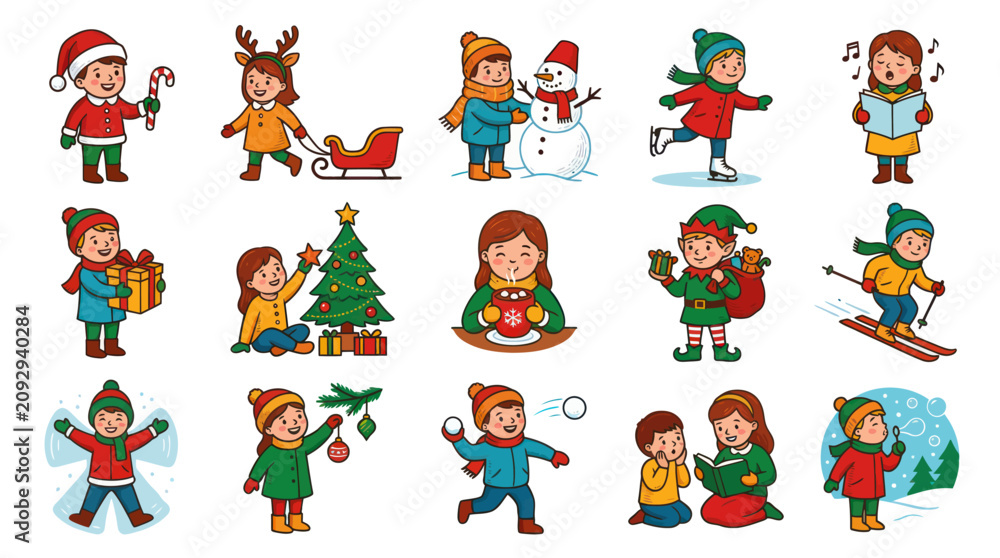 Obraz premium Christmas and Winter Holidays Kids Cartoon Vector Set. Children Playing, Celebrating, and Enjoying Seasonal Activities.