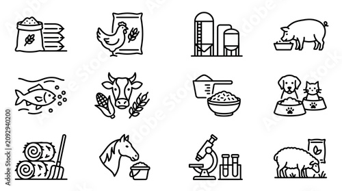 Farm animals and food icons set, agriculture and pet care symbols, line art collection