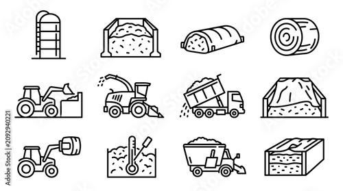 Farm Equipment and Silage Icons: Tractor, Silo, Hay Baler, Truck, Chute, Thermometer