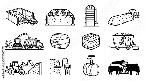 Farm Silage Production and Storage Icons: Tractor, Silo, Bale, Bag, Equipment