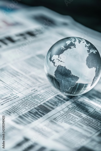 Glass globe rests on a financial newspaper with blurred text
