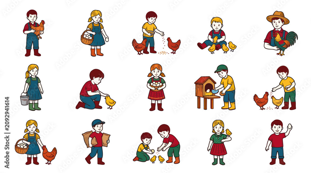 Fototapeta premium Farming Life Cartoon Illustration of Happy Kids and Farmers Tending Chickens, Roosters, and Collecting Eggs