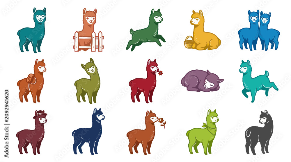Fototapeta premium Colorful Cute Cartoon Alpacas Vector Illustration Set. Funny Llama Characters in Various Poses.