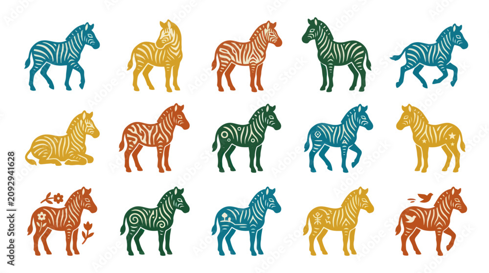 Obraz premium Colorful Geometric Zebra Illustrations, Stylized Wildlife Vector Art
