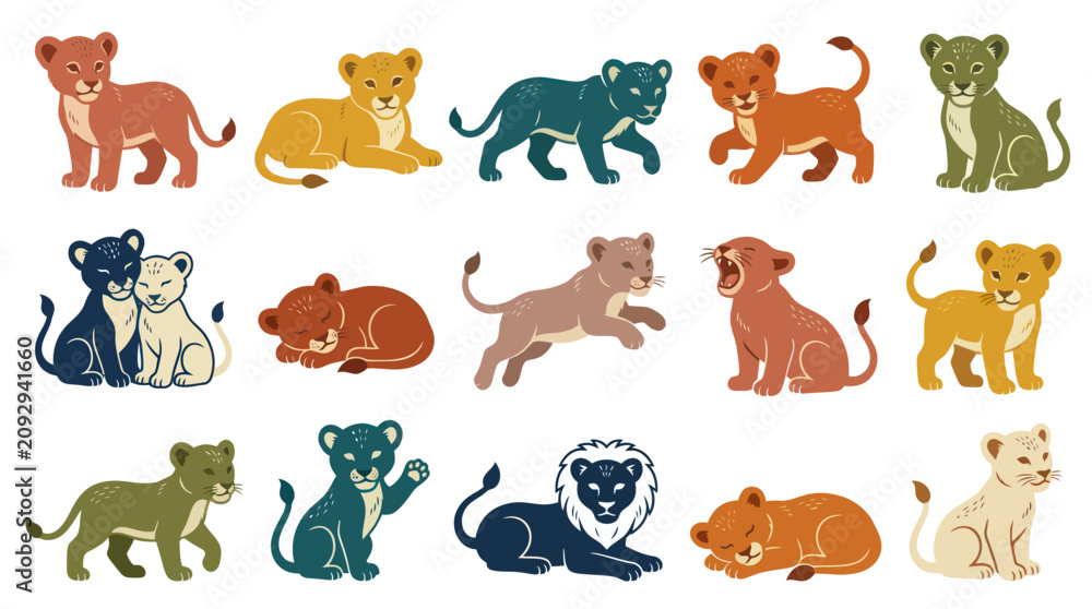 Fototapeta premium Flat Illustration of Cute Lion Cubs in Various Poses, Animal Vector Art