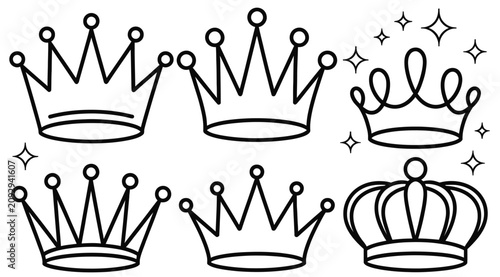 Tableau sur toile Royal crown outline illustrations featuring princess tiara, king crown, queen diadem, regal ornaments, and elegant line art vector design