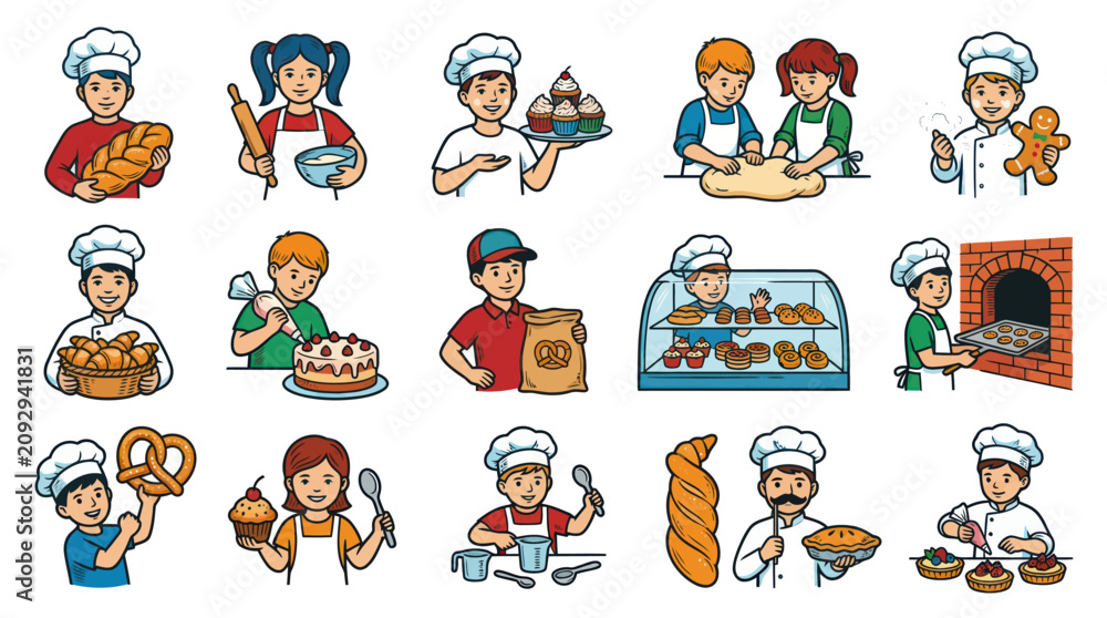 Fototapeta premium Cartoon Vector Illustration Set of Professional and Child Bakers Making Delicious Pastries and Bread
