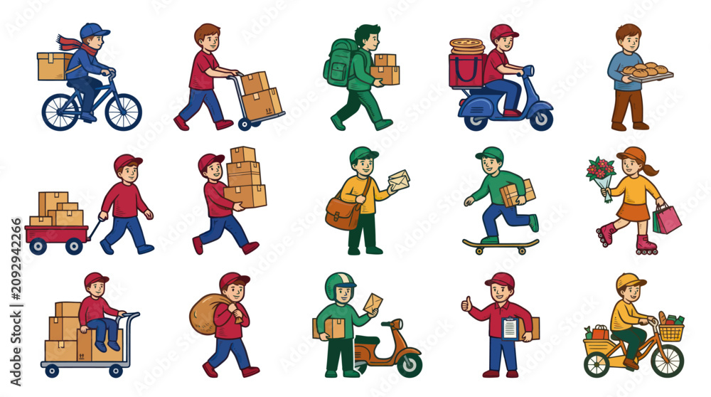 Naklejka premium Delivery and Logistics Industry Cartoon Illustration Set: Diverse Courier People Delivering Packages by Bike, Scooter, and Foot