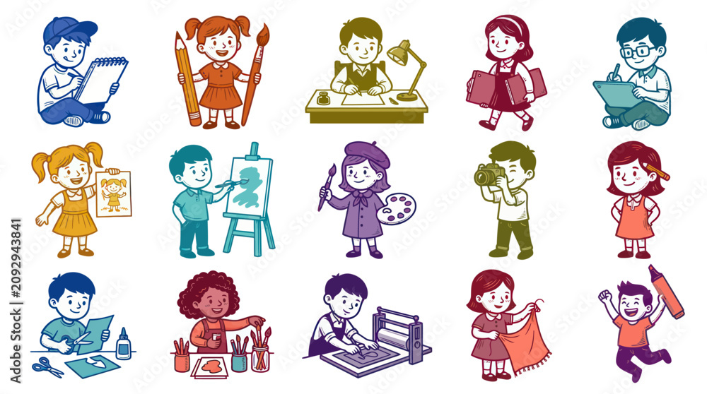Fototapeta premium Children Engaged in Various Creative Arts Activities, Vector Illustration, Flat Style
