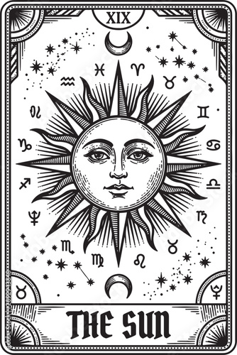 Sun tarot card illustration with astrological zodiac symbols and mystical celestial elements for divination.