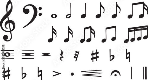 Bild auf Leinwand Music notes and symbols set on transparent background including treble clef bass clef and rhythmic notations