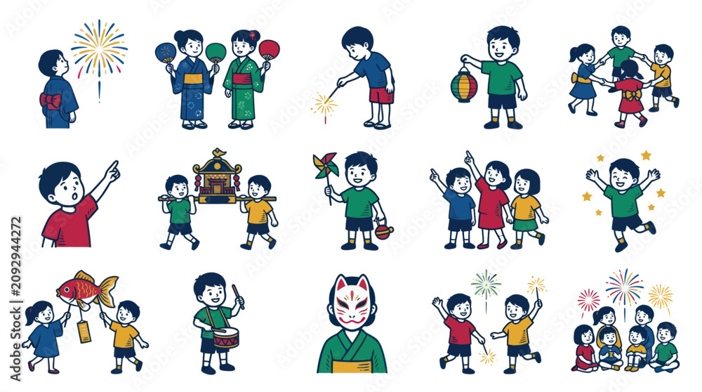 Fototapeta premium Japanese Summer Festival Traditions for Kids Flat Illustration - Children Enjoying Cultural Activities