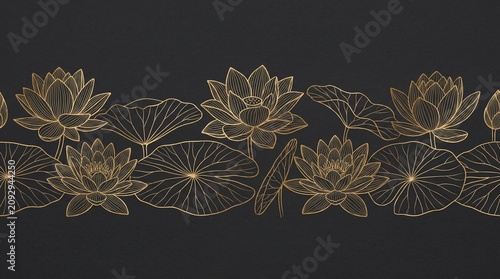 Elegant golden lotus flowers and leaves line art seamless border on dark textured background, perfect for luxury branding, wedding invitations and elegant packaging