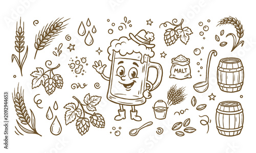 Tableau sur toile Retro beer mug cartoon mascot characters set with brewery doodle elements