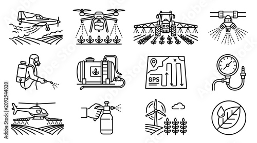 Modern Agriculture Technology Icons: Drones, Tractors, Sprayers, GPS, Aerial Application
