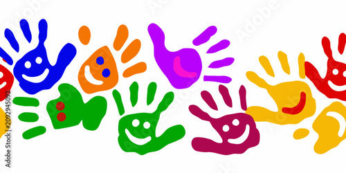 Quadro su tela Colorful handprints with smiling faces a repeating vector pattern on white