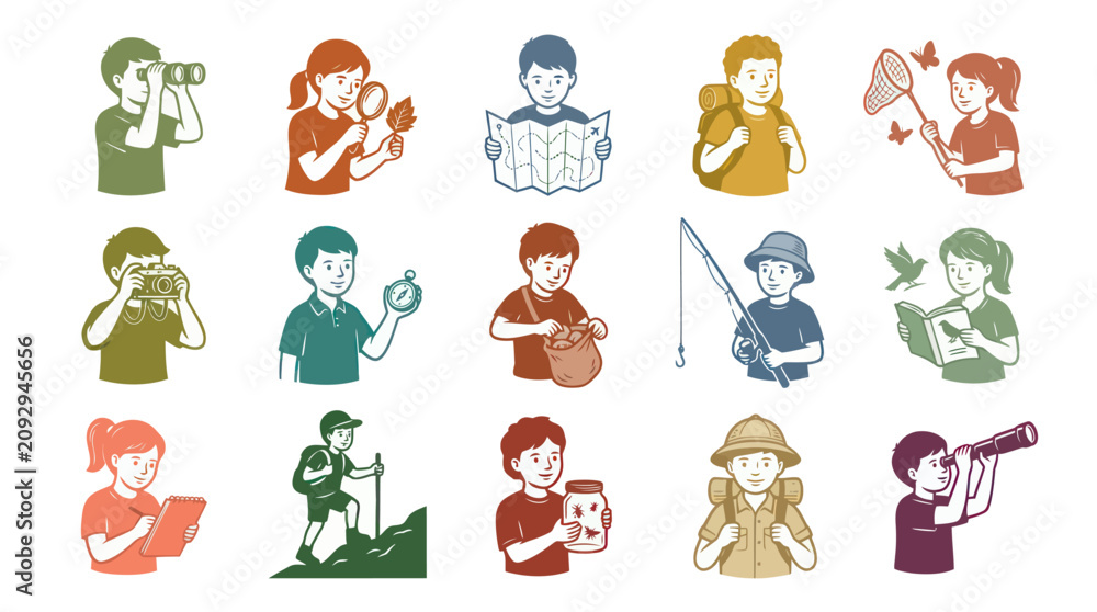 Obraz premium Retro Vector Illustration of Diverse Kids Exploring Nature Engaging in Outdoor Activities for Childhood Education