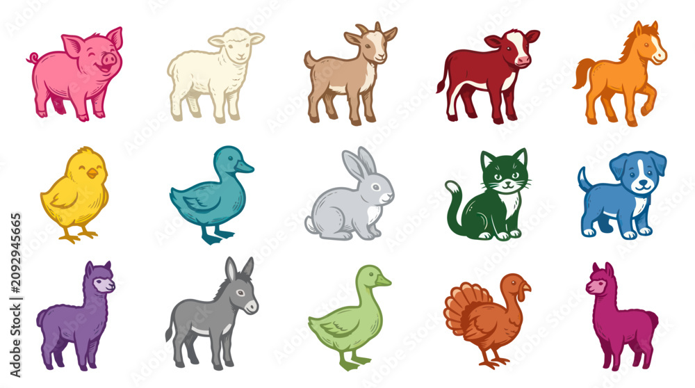 Fototapeta premium Cute Cartoon Farm Animals Vector Set - Livestock Collection for Agriculture Children's Education