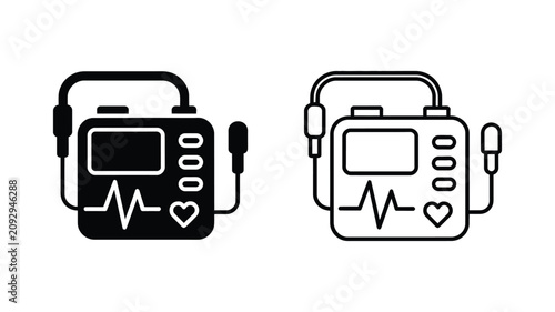 Fotografie Automated external defibrillator icons featuring medical device, AED equipment, emergency response, cardiac rescue, and healthcare symbols in solid and outline styles