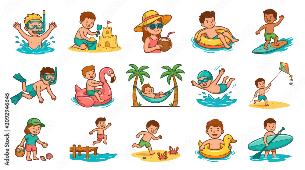 Obraz premium Kids Summer Beach Activities Cartoon Vector Illustration Set. Children Playing, Swimming, and Vacationing Fun