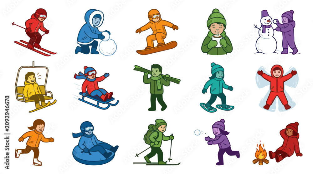 Fototapeta premium Flat Vector Illustration Set of Children Enjoying Winter Recreation, Sports, and Fun Seasonal Activities