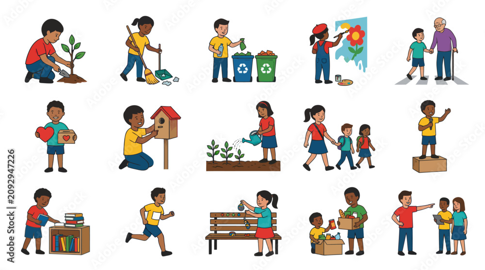 Fototapeta premium Childhood Education and Community Service Flat Vector Illustration: Kids Engaging in Good Deeds Learning