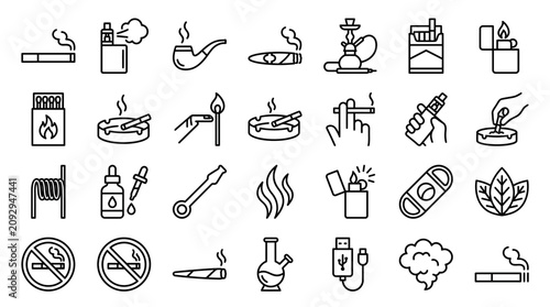 Obraz na płótnie Smoking and Tobacco Products Line Icons Set with Cigarettes Vape Cigar Hookah Li