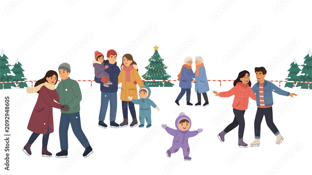 Obraz premium Diverse group of people walking together in a festive winter setting Vector