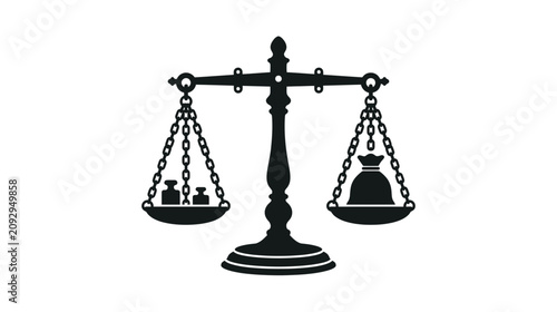 Foto Balancing Scales Weighing Money Bag Against Weights - Symbolizing Justice, Finan