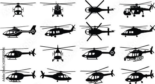 Slika na platnu Helicopter silhouette collection, aviation aircraft icons, rescue transport vehi