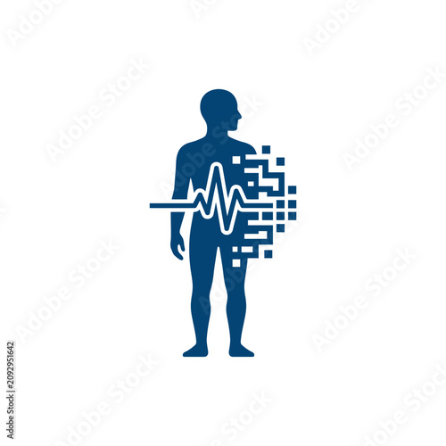 A blue silhouette of a human body with digital data pixels