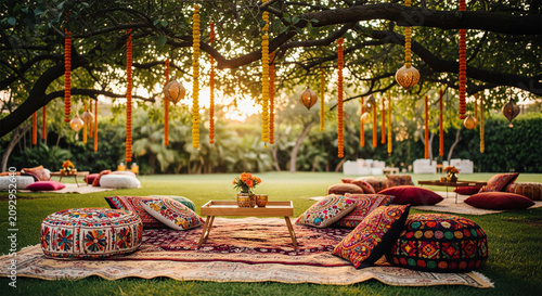 Bohemian outdoor garden party setup, traditional Indian wedding decor with colorful cushions and rugs, festive celebration under a large tree
