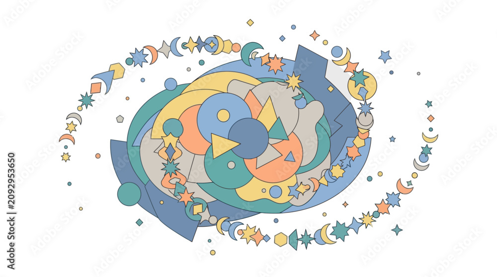 Fototapeta premium Abstract Celestial Geometric Composition with Stars and Moons 