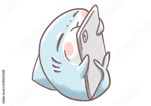Cute baby shark hugging a digital tablet cartoon illustration