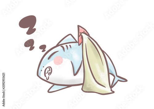 Cute sleeping baby shark being covered with a blanket by a starfish cartoon illustration