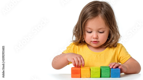 A young girl in a yellow shirt focused on arranging colorful wooden blocks in a row against a plain white background.
