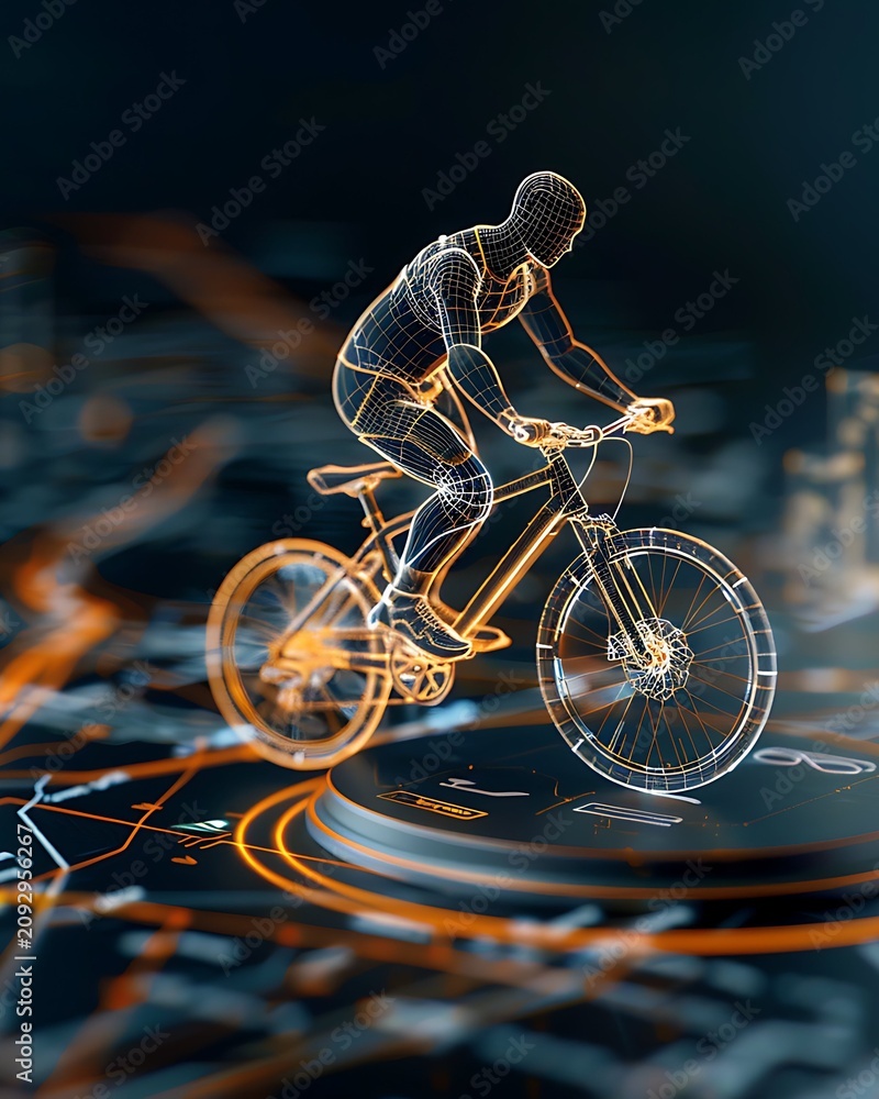 Fototapeta premium Futuristic 3D wireframe hologram of a cyclist riding a bicycle on a digital data interface backdrop